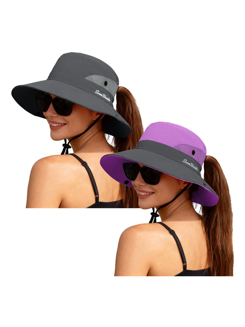 Women's Ponytail Safari Sun Hat,Wide Brim UV | Purple, Gray | Size 6 3/4-6 7/8